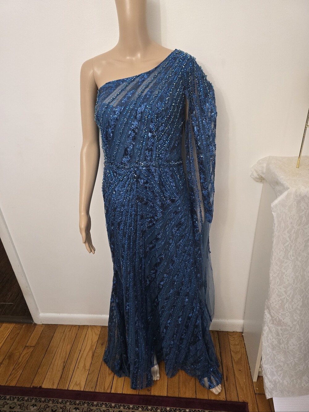 NWT Mac Duggal One-Shoulder Beaded Royal Blue Gown